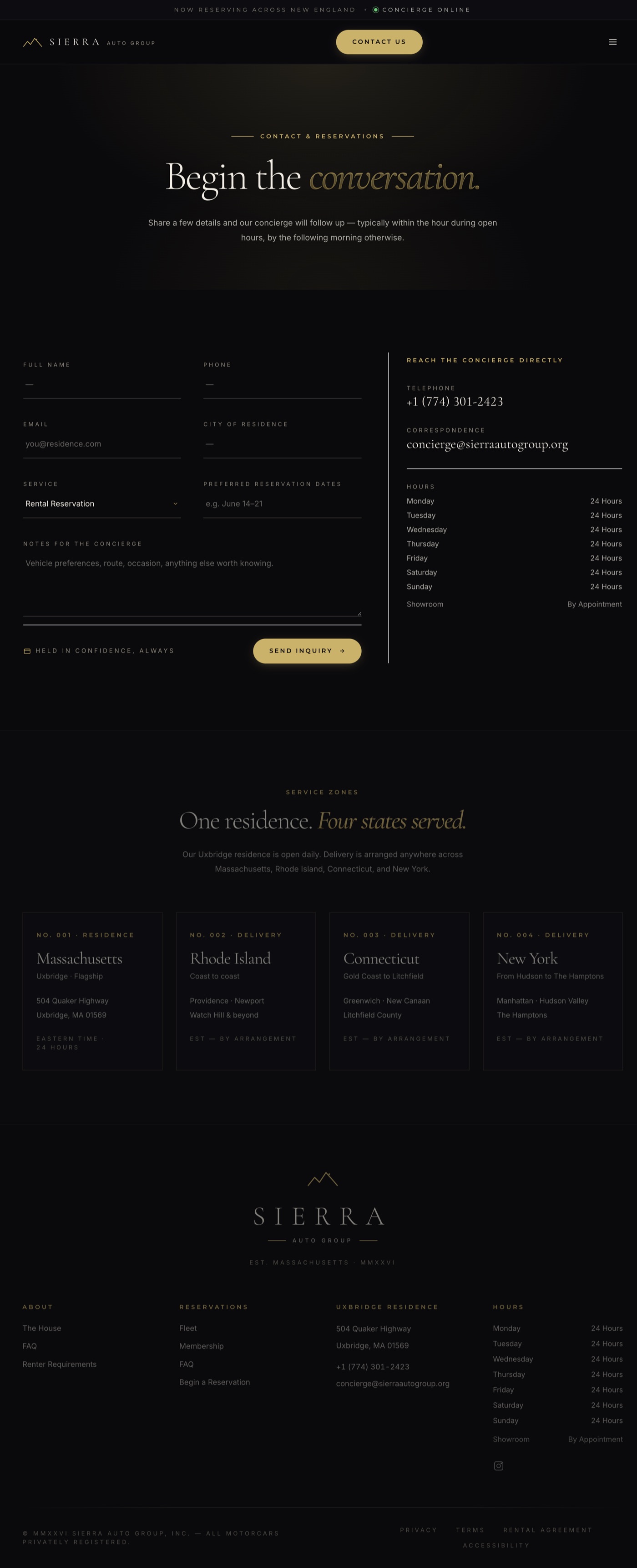 Sierra Auto Group contact page — 24/7 concierge inbox