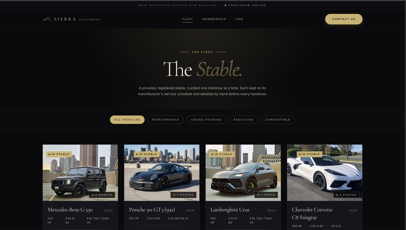 Sierra Auto Group fleet page — editorial card grid