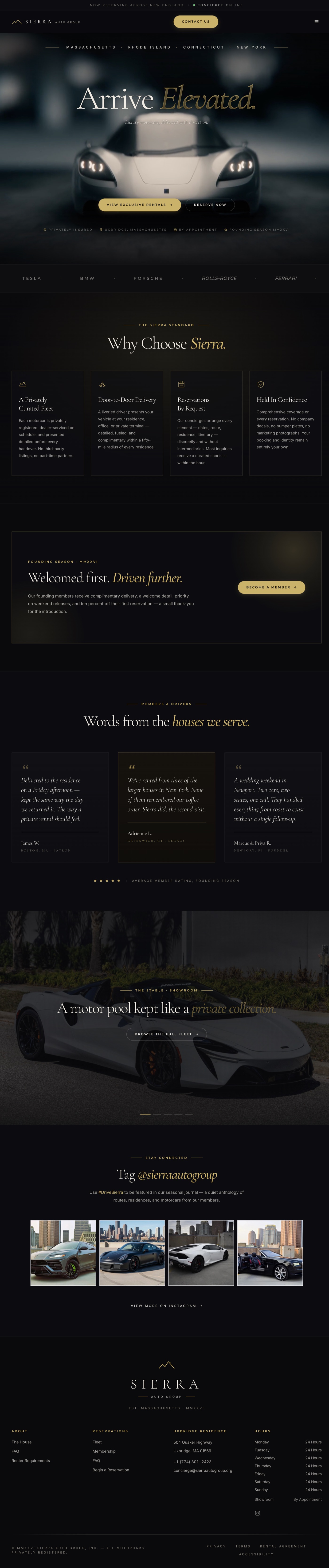 Sierra Auto Group landing page — boomerang McLaren hero, cinematic carousel